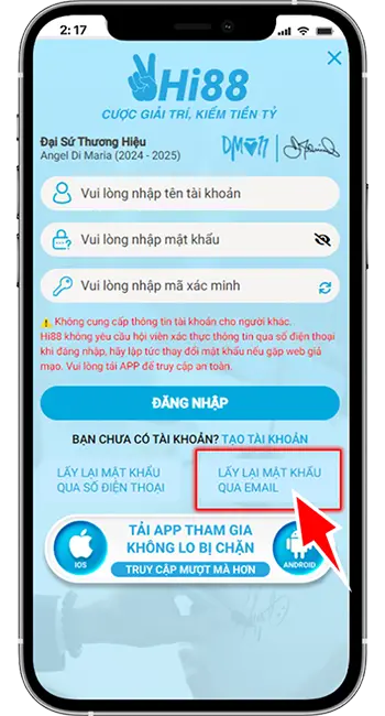 Bước 1: Chọn phần đăng nhập» Chọn lấy mật khẩu qua Email liên kết